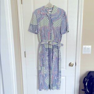 Leslie Fay Vtg. Purple, Blue and Green Paisley Dress Peter Pan Collar & Belt